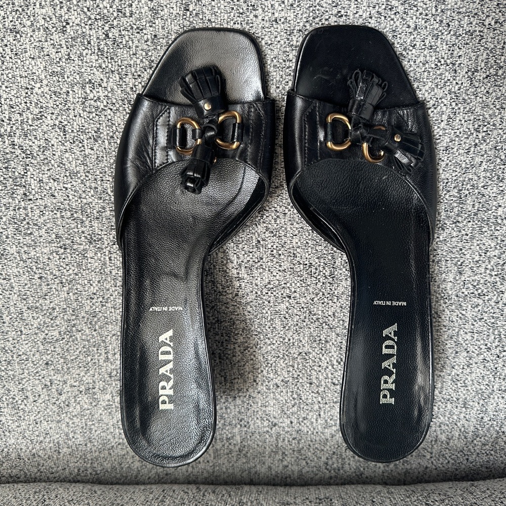 Vintage Prada Black Leather Kitten Heel Sandals